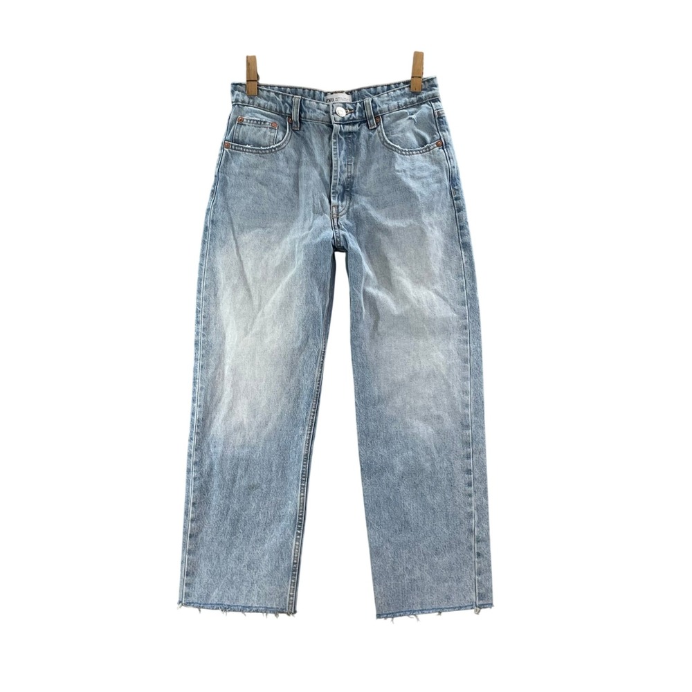 Zara Straight Leg Jeans Womens 6 Light Blue Raw Hem High Rise Button Fly Denim